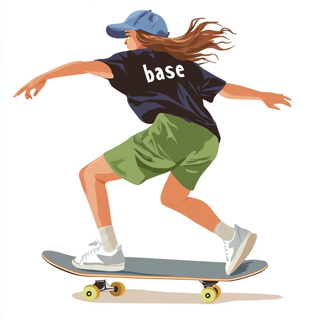 A young woman with long brown hair, wearing a blue cap, a black t-shirt with "base" written on it, and green shorts, is skateboarding. She is in mid-air, with her right arm outstretched and her left leg bent. The skateboard is in focus, with yellow wheels. The background is a simple white. The image is brightly colored and full of energy.  The woman's expression is determined, showing a sense of confidence and skill.  The image captures a moment of action and athleticism.