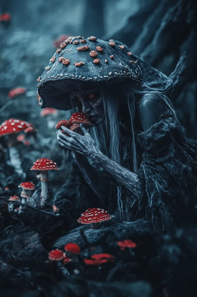 A skeletal figure with long white hair wears a large mushroom cap as a hat.  They are holding another red mushroom, with others growing around them. The scene is dark and mysterious, with the figure blending into the shadowy forest background.  The image evokes a sense of the supernatural and the fantastical.