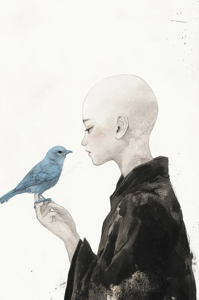 The image depicts a young person with a shaved head, wearing a black robe and looking at a small, blue bird perched on their outstretched hand. The background is a simple white, emphasizing the subject and the bird. The image evokes a sense of calm and contemplation.