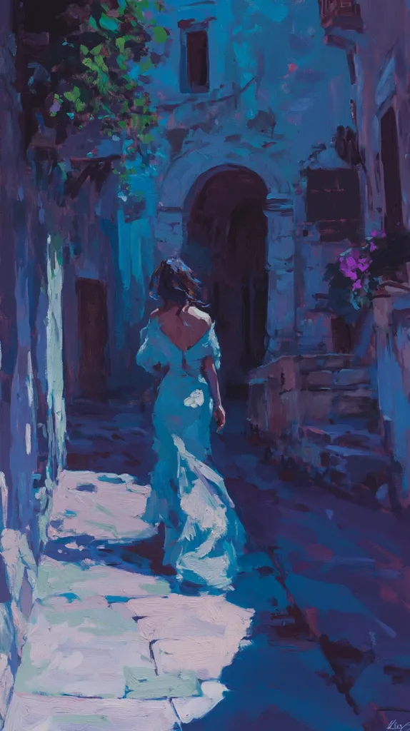 The painting depicts a woman in a blue dress walking away from the viewer down a stone path in a dimly lit, blue-toned alleyway. The alleyway is flanked by tall stone buildings with a small window and an arched doorway in the background. The scene is painted in a painterly style with loose brushstrokes and a hazy atmosphere. The woman's figure is almost obscured by the shadows, creating a sense of mystery and intrigue.