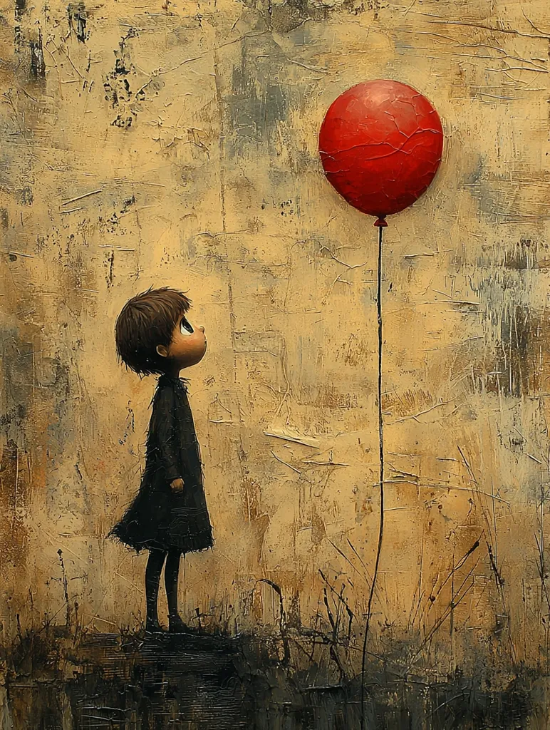 The painting depicts a young girl in a black dress standing in a field, gazing upwards at a bright red balloon floating in the sky. The background is a textured canvas of browns and yellows, creating a feeling of nostalgia and perhaps a bit of sadness. The balloon is a symbol of hope and dreams, while the girl's small size suggests a sense of longing or vulnerability. The overall tone of the piece is melancholic and introspective, leaving the viewer to contemplate the meaning of the image.