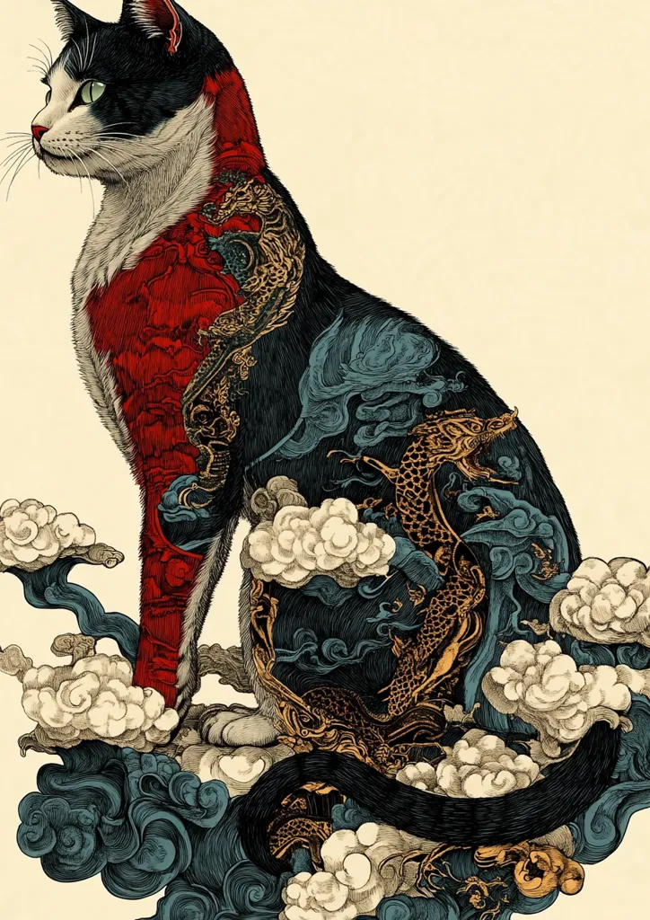 The image depicts a black and white cat with intricate tattoos of dragons, clouds, and other mythical creatures. The cat's fur is meticulously detailed, and the tattoos are rendered in a vibrant and stylized manner. The background is a simple cream color, allowing the cat and its tattoos to take center stage. The overall effect is both whimsical and powerful, showcasing the beauty and mystery of Japanese art.