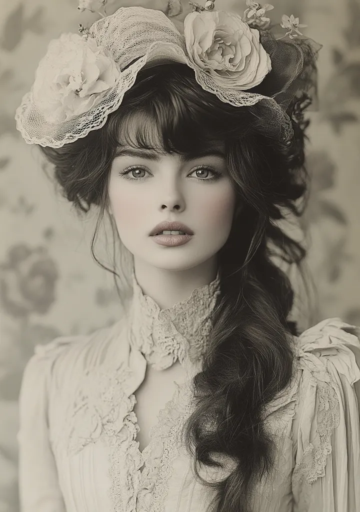 The image is a sepia-toned portrait of a woman with long, dark hair styled in a loose braid. She wears a delicate lace hat adorned with white roses, and a white lace dress with a high collar. Her eyes are large and expressive, and her lips are slightly parted. The overall effect is ethereal and romantic, reminiscent of a bygone era. The background is blurred and indistinct, focusing attention on the woman's face and attire.