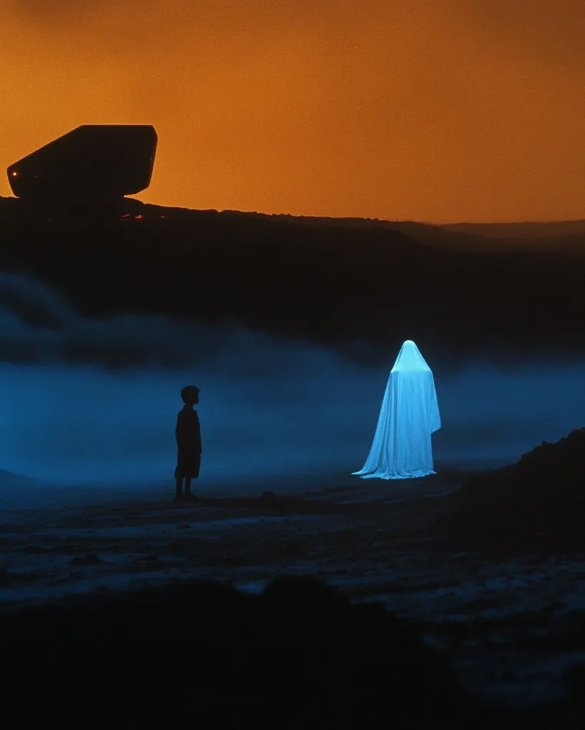The image depicts a dark, almost desolate landscape with a lone figure standing on a misty beach. In the distance, a large, mysterious object sits atop a hill, casting a long shadow across the scene. A ghostly figure stands in the middle ground, radiating a blue glow. The overall atmosphere is eerie and unsettling, with a sense of mystery and isolation. The silhouette of the person on the beach adds a sense of scale and emphasizes the vastness of the surroundings. The image evokes a sense of loneliness, wonder, and perhaps a touch of fear.