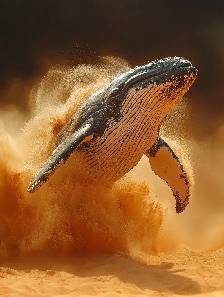 A humpback whale leaps out of the water, its massive body arcing through the air, creating a spray of sand and water. The whale's sleek, gray skin is highlighted by the sun, and its powerful flippers are extended as it soars. The scene is captured in a moment of breathtaking beauty and power, a testament to the incredible strength and grace of these magnificent creatures.