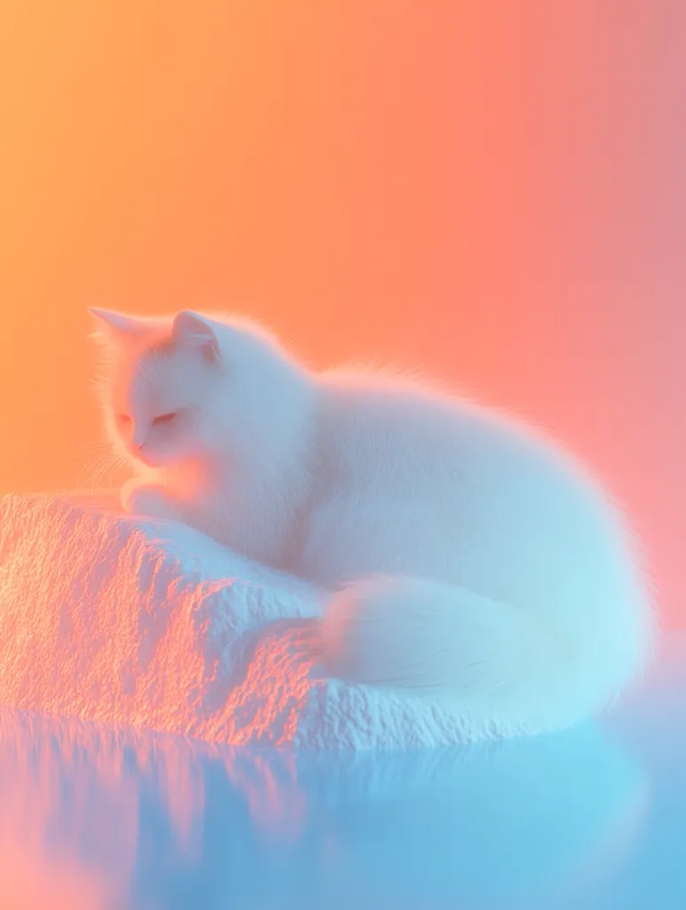 A fluffy white cat with bright blue eyes lays on a white surface. The background is a soft orange-pink gradient.  The cat's fur is illuminated by a soft blue light, making it appear almost ethereal. The scene is tranquil and serene, highlighting the cat's delicate beauty.
