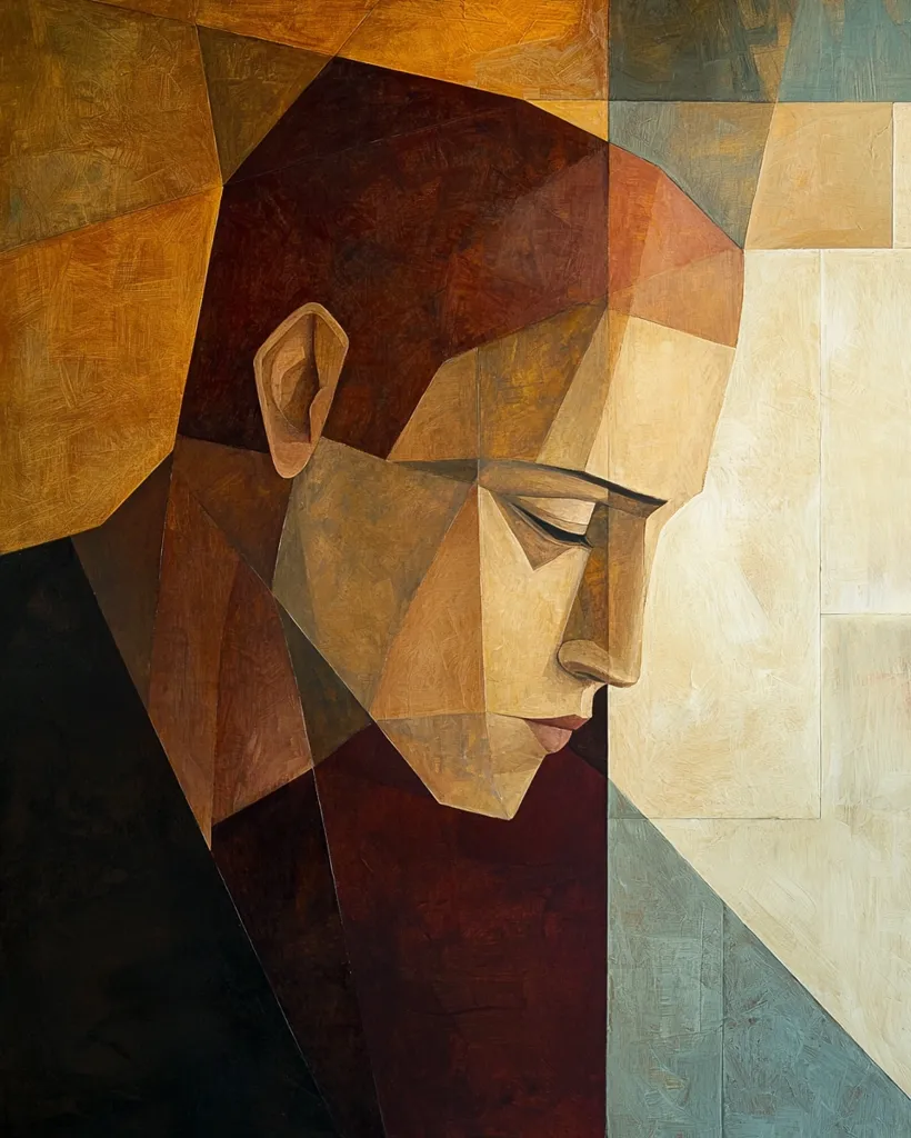 The painting is a cubist portrait of a person's face. The face is rendered in a geometric style, with sharp angles and flat planes. The colors are muted, with shades of brown, yellow, and blue. The person's eyes are closed, and their lips are slightly parted, suggesting a sense of introspection or contemplation. The background is composed of simple geometric shapes, which creates a sense of depth and space.  The style is reminiscent of the works of Pablo Picasso and Georges Braque.