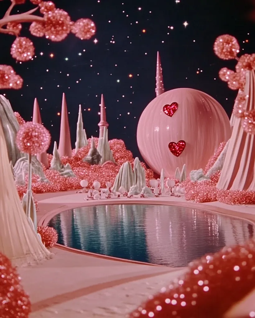 The image depicts a surreal and whimsical landscape. A large pink sphere with red hearts sits amidst a pink and white cityscape, with tall spires and swirling clouds. A shimmering blue pool reflects the starry night sky, adding to the dreamlike atmosphere. The entire scene is bathed in soft, pastel hues, creating a sense of wonder and enchantment.