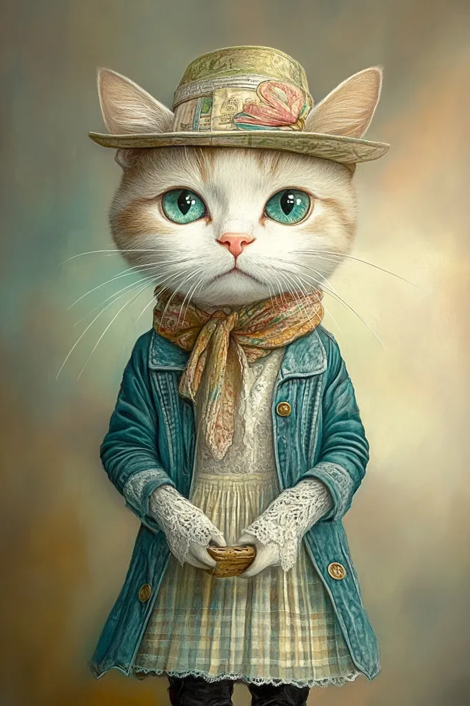 A white cat with bright blue eyes is dressed up in a blue jacket, a plaid dress, a delicate white lace shawl, and a floral patterned hat. The cat is holding a small golden object in its paws and has a serious expression on its face. The background is a soft, blurred brown and beige, creating a sense of depth. The image is a whimsical portrayal of a cat dressed in human clothing.