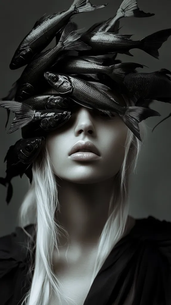 A woman with long, white hair stares directly at the camera with a stoic expression.  She is adorned with a crown of black fish, their tails and fins obscuring her eyes, creating a mysterious and somewhat unsettling image. The muted lighting casts shadows on her face, enhancing the sense of intrigue and depth. The woman's pale skin and dark clothing create a striking contrast, highlighting the unusual beauty of the image.