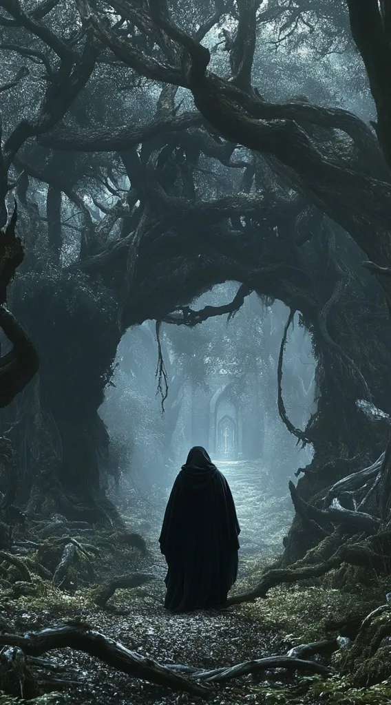 The image depicts a solitary figure clad in a dark cloak, walking along a path through a dense, mysterious forest. Twisted branches reach out from the trees, casting long shadows on the mossy ground.  The air is thick with mist, creating an ethereal and somewhat ominous atmosphere. The image suggests a sense of isolation and mystery, with the figure's journey into the unknown.