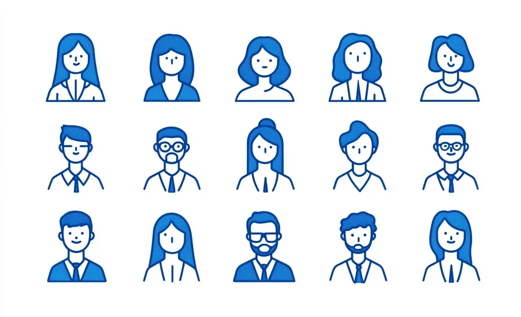 The image shows a collection of 12 profile pictures. Each profile picture is outlined in blue and depicts a person's face and shoulders. The people are a mix of men and women, with some wearing glasses and some having beards.  All are looking forward. They are all drawn in a simple, cartoon style.  The image is set against a white background.
