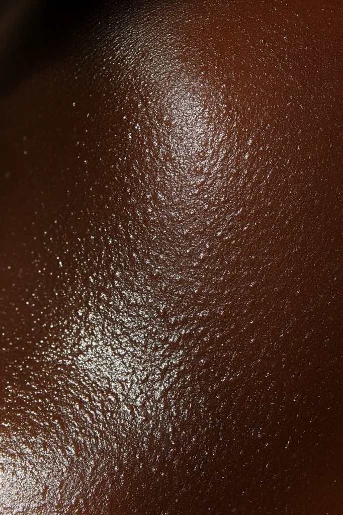 The image shows a close-up of a dark brown surface with a slightly textured, uneven appearance. The surface is glistening, as though it is wet or coated in a shiny substance. The light reflecting off the surface creates small, bright spots that add to the overall visual interest.  The overall tone of the image is dark and rich, with the shiny elements adding a touch of vibrancy.