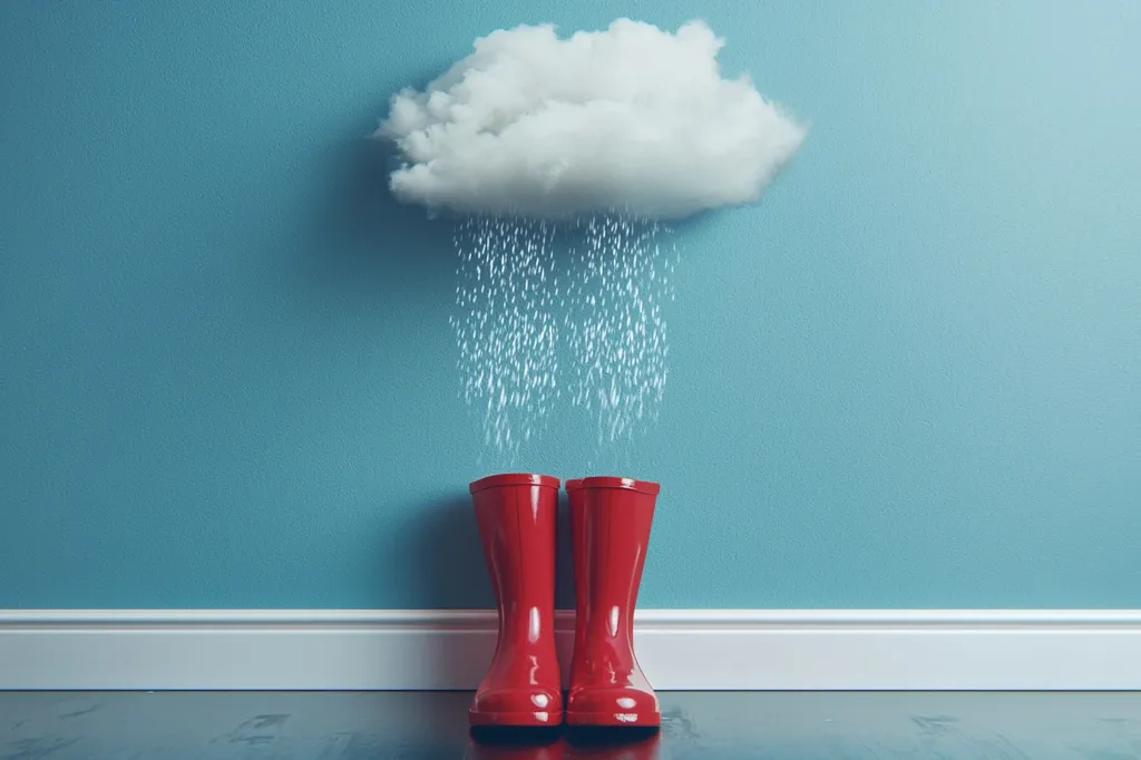 The image depicts a white cloud raining down on a pair of bright red rain boots. The boots are positioned on a dark wooden floor, in front of a blue wall with a white baseboard. The rain is illustrated as white dots falling from the cloud. The image conveys a sense of playful whimsy and anticipation for rainy weather.