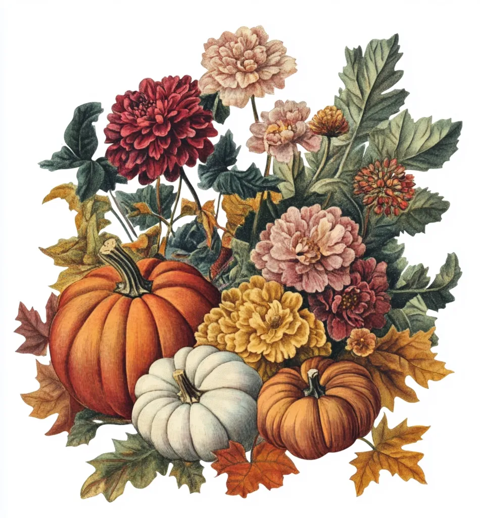 The illustration depicts a cluster of pumpkins surrounded by a vibrant arrangement of autumnal flowers.  A large orange pumpkin with a green stem takes center stage, flanked by a smaller white pumpkin and a miniature orange pumpkin.  The flowers are a mix of reds, pinks, and yellows, adding a splash of color and texture.  The leaves are a rich tapestry of browns and oranges, signifying the arrival of fall.  The overall composition is a harmonious blend of nature's bounty.