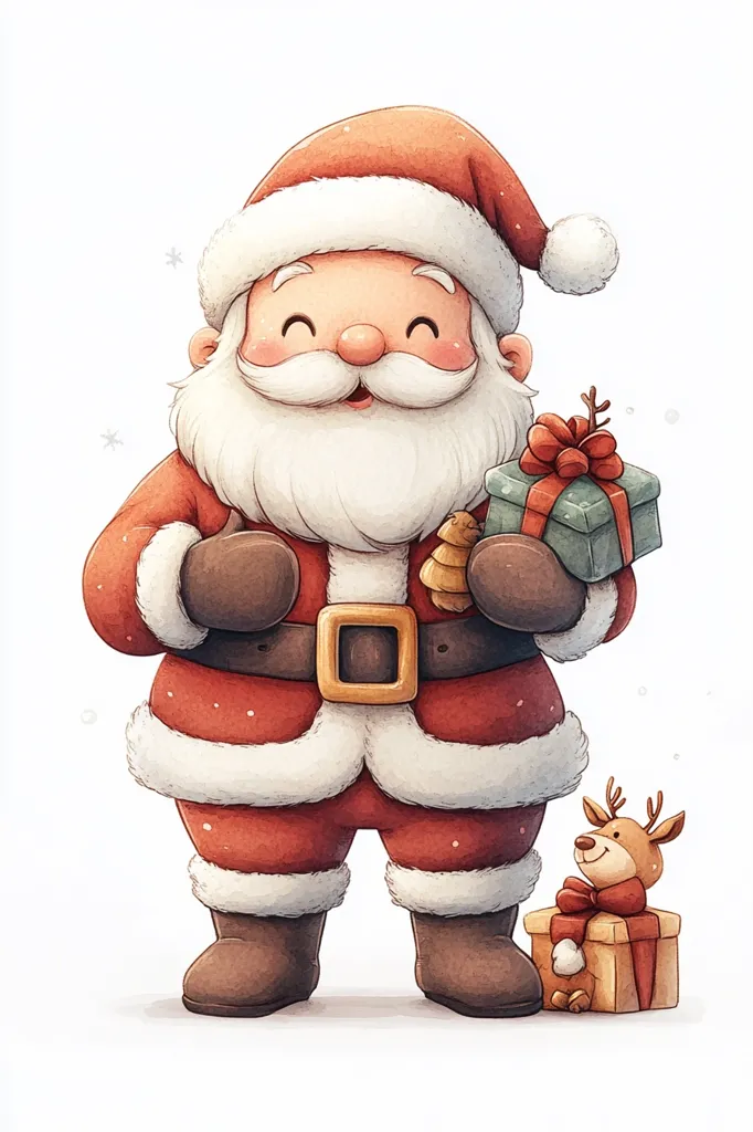 A cheerful Santa Claus, dressed in his traditional red suit with white trim and a fluffy white beard, holds a green gift box tied with a red ribbon. He smiles broadly, showcasing his joy and the spirit of giving. Beside him stands a small reindeer, also holding a gift box, adding to the festive atmosphere. The image is set against a white background, creating a clean and whimsical look.  The overall feeling is one of warmth, generosity, and the magic of Christmas.