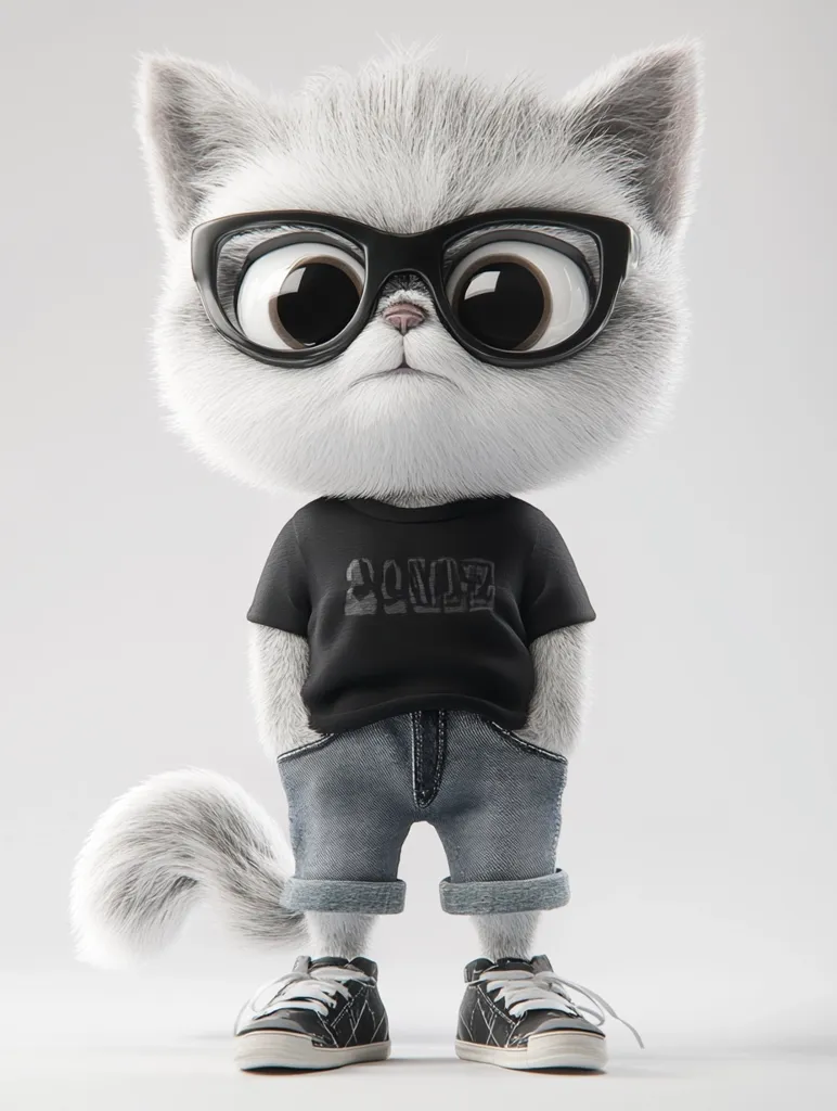 A fluffy white cat with large, round eyes is wearing a black t-shirt, blue jeans, and black-rimmed glasses. The cat is standing with its hands in its pockets, looking directly at the viewer. The cat is against a white background. It has a friendly and playful expression.