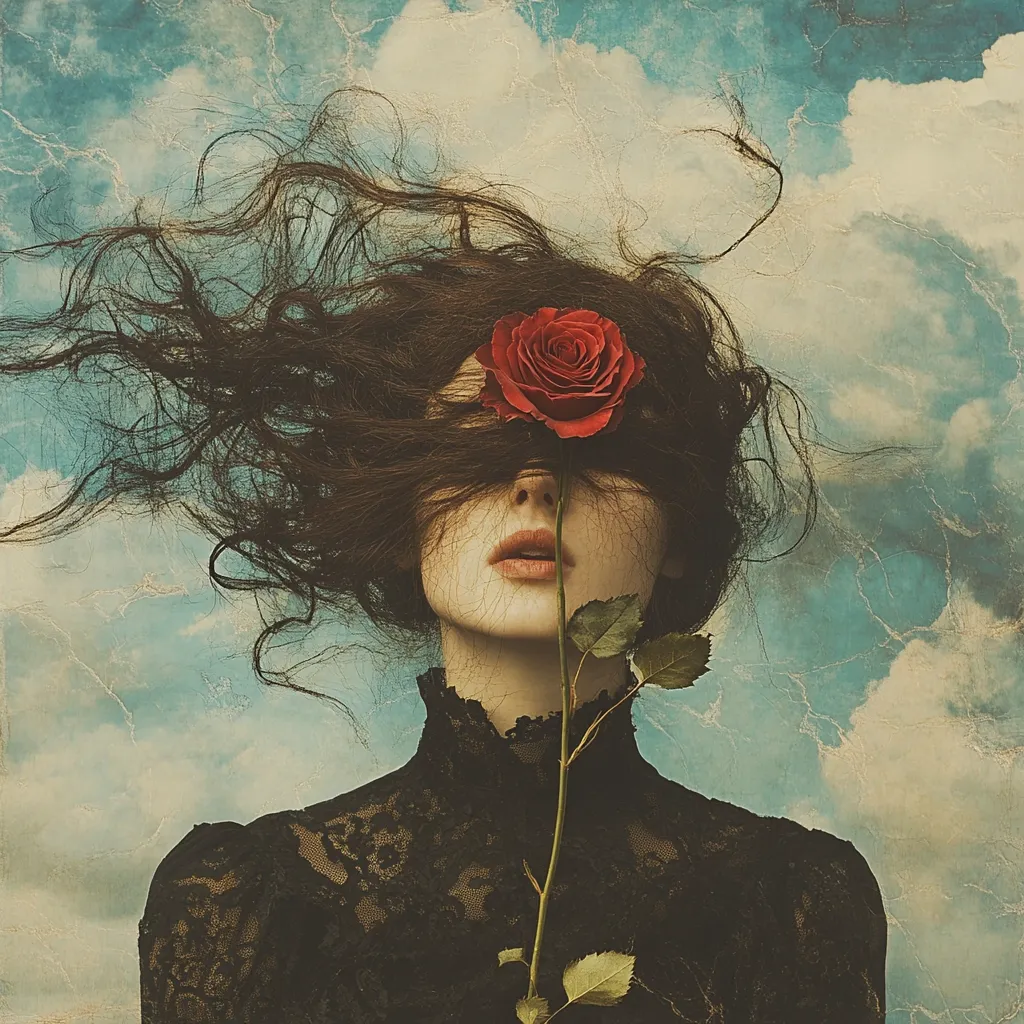 A woman with long, flowing dark hair has a single red rose covering her eyes. The rose is held upright by a stem that reaches down past her chin. The woman is wearing a black, lace top and a serene expression. The backdrop is a painted sky with clouds in shades of blue, white, and grey. The overall tone of the image is romantic and ethereal.