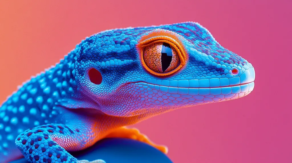 A close-up of a gecko's head, its blue scales shimmering in the light. Its large, bright orange eye stares intently at the viewer. The background is a soft pink, creating a vivid contrast with the gecko's vibrant colors. The gecko's skin is textured, showcasing intricate details. The image captures the beauty and detail of this fascinating creature.