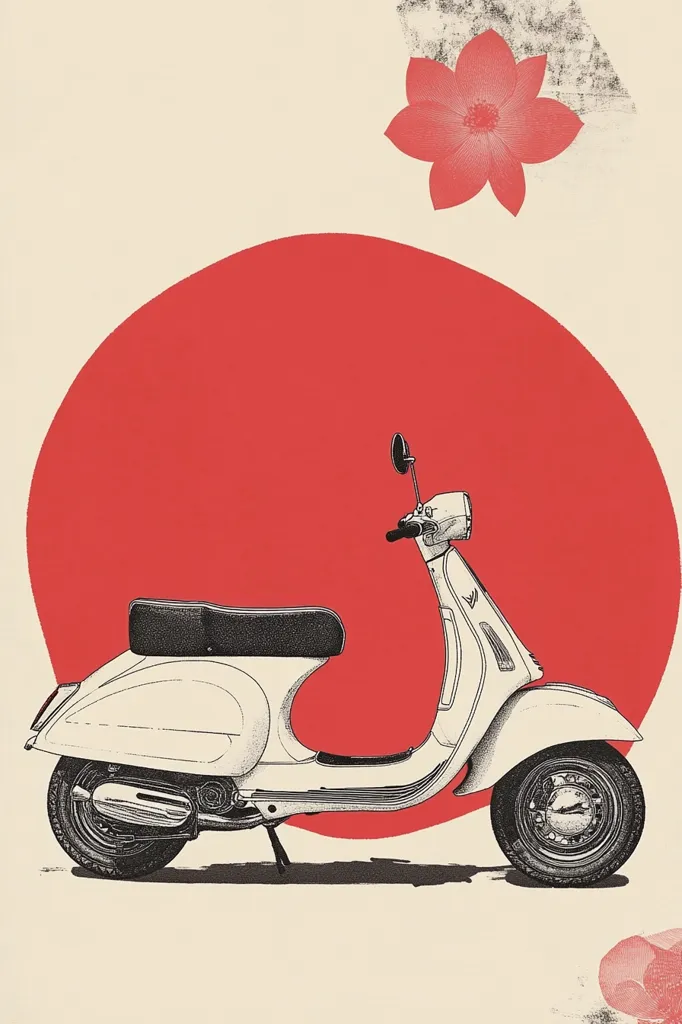 A white scooter is parked in front of a large red circle, which represents the rising sun.  A red flower sits in the upper right corner of the image.  The scooter is drawn with black lines on a white background.  The image has a vintage feel.