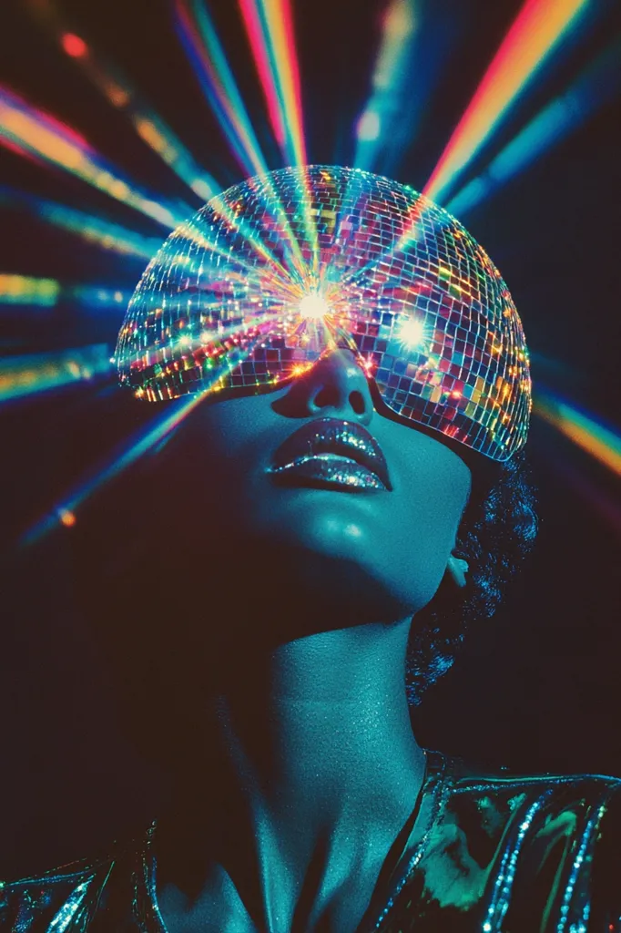 A person is wearing a disco ball on their head, with their eyes covered by the shiny, mirrored surface. The disco ball reflects colorful, bright lights, creating a dazzling effect. The person's lips are painted a bright, glittery red. They are dressed in a sparkly, green outfit and are looking up at the lights. The overall image is one of vibrant energy and excitement.