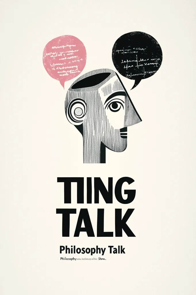 The image is a poster with the title "Ting Talk" and the words "Philosophy Talk" underneath it. There is a stylized illustration of a person's head with two thought bubbles above it, both filled with handwritten text. The text in the thought bubbles is illegible, but the image suggests a focus on philosophical ideas and conversation. The poster uses bold black text and a simple, clean design to convey a message of intellectualism and discourse.