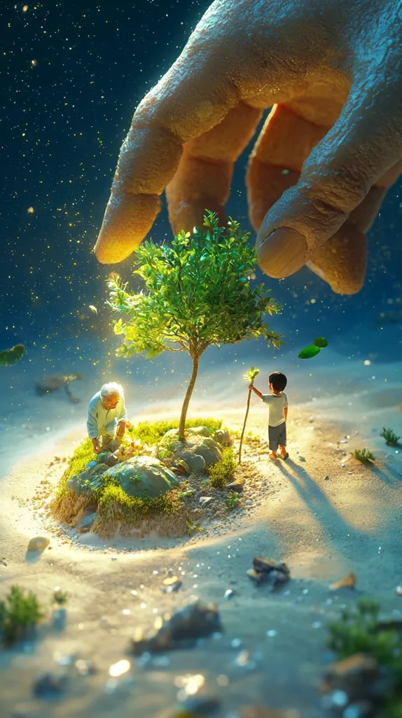 A giant hand reaches down from a starry sky to protect a small island with a tree, a young boy, and an older person. The scene is bathed in a soft, golden light, creating a mystical and ethereal atmosphere. The hand appears to be nurturing the island and its inhabitants, symbolizing protection and care.