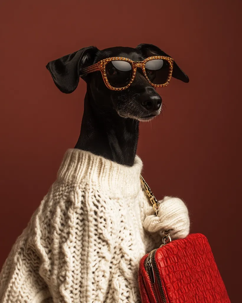 A black dog wearing a white knitted sweater and oversized sunglasses is holding a red handbag with a gold chain. The dog is looking to the side and has a serious expression on its face. The background is a plain red wall. The image is a humorous and stylish portrait of a dog dressed in human clothing.