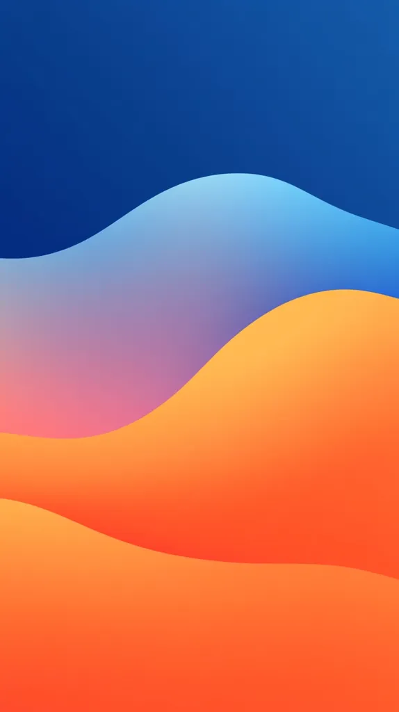 The image is an abstract design featuring a series of three wavy, overlapping shapes. The top shape is a deep blue, blending into a lighter blue and then a soft purple. This sits above an orange and peach shape, which in turn sits above a bright orange shape at the bottom. The overall effect is a sense of depth and fluidity.  The colors are vibrant and create a dynamic visual composition.