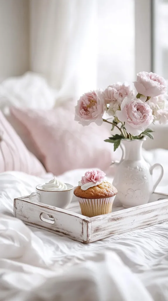 A white tray with a cup of coffee and a cupcake sits on a white bed. A bouquet of light pink peonies in a white vase rests behind the tray.  The tray has a rustic, whitewashed finish. The image evokes a sense of calm and tranquility, perfect for a relaxing morning.  The soft colors and textures create a cozy and inviting atmosphere.