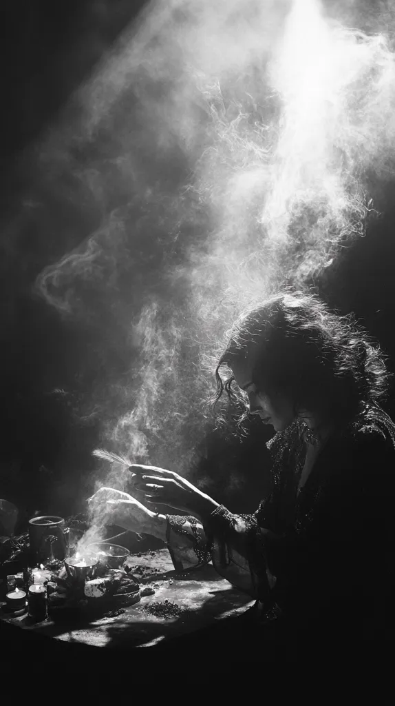 A woman with long hair sits in front of a table, her hands outstretched towards a cloud of smoke. The table is covered in candles and other objects. The woman is dressed in a dark garment and the scene is lit by a dim light. The image is black and white and creates a sense of mystery and intrigue.