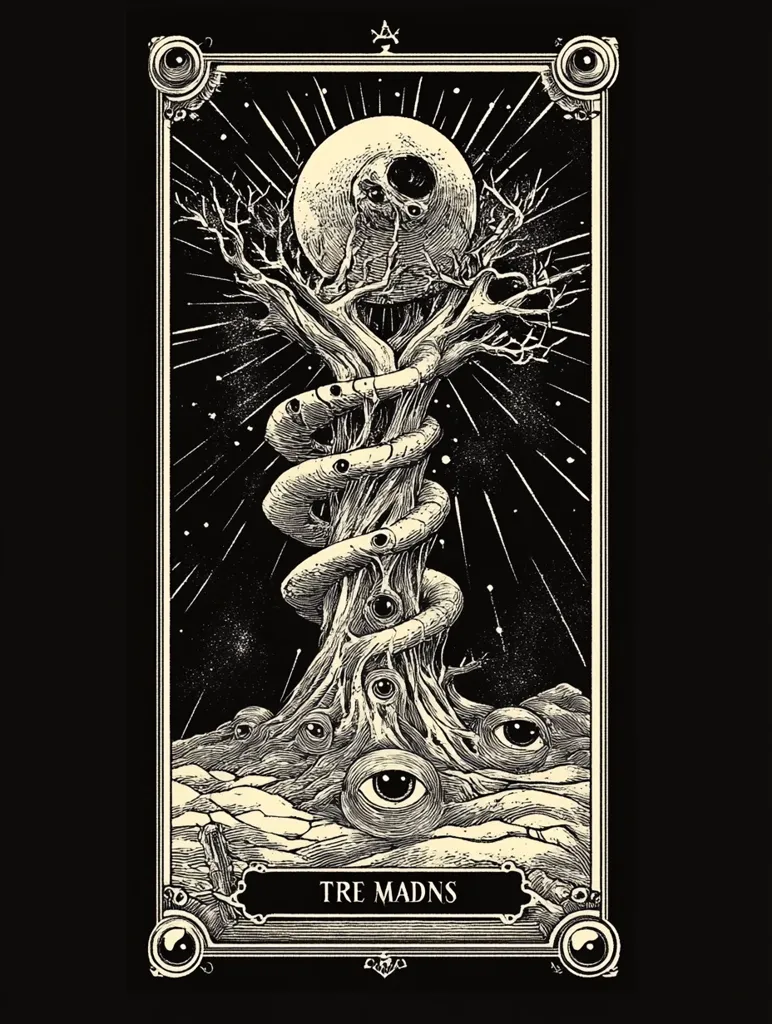 The image depicts a stylized, eerie tree with a large, eye-like moon at its top. The branches of the tree are intertwined with a serpent-like form, and the ground around it is covered with numerous eyes. The image is framed with an ornate border, and the words "TRE MADNS" are inscribed at the bottom. The overall tone of the image is dark and unsettling.