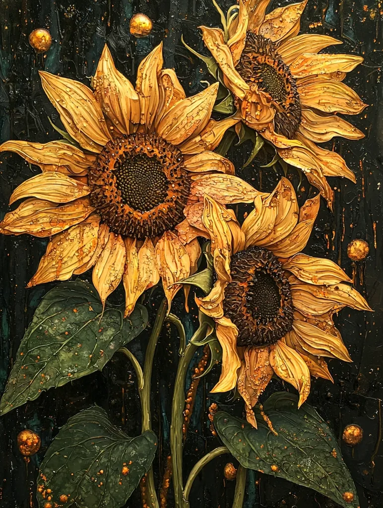 Three sunflowers, rendered in a hyperrealistic style, are the focal point of this artwork.  Their bright yellow petals are contrasted by a dark, almost black background, accented with scattered gold dots, creating a dramatic and opulent scene. The sunflowers are depicted with intricate detail, showing the texture of the petals and the subtle variations in their color.  Their dark centers add to the richness of the composition, and the leaves add a touch of green.  The painting evokes a feeling of warmth and vibrancy, while the gold accents hint at luxury and opulence.