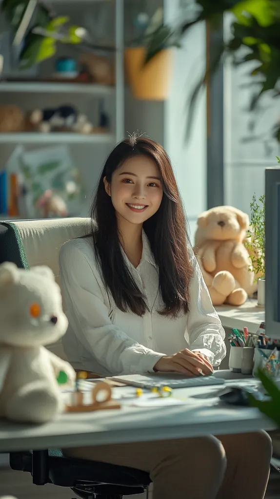 A young woman with long black hair smiles at the camera while sitting at a desk in a bright office space. She is wearing a white button-down shirt and khaki pants. A white stuffed animal sits on the desk beside her, and a brown teddy bear sits in the background. Sunlight streams through the window behind her, illuminating the room.