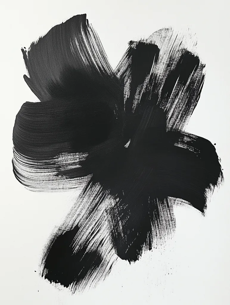 The image is a black and white abstract painting. It appears to be a large, black brushstroke in the shape of a flower, or a cloud, against a white background. The brushstrokes are thick and bold, giving the painting a sense of energy and movement. The painting is simple yet striking, and would likely be a conversation starter in any room.  It is reminiscent of minimalist art and expressionism.