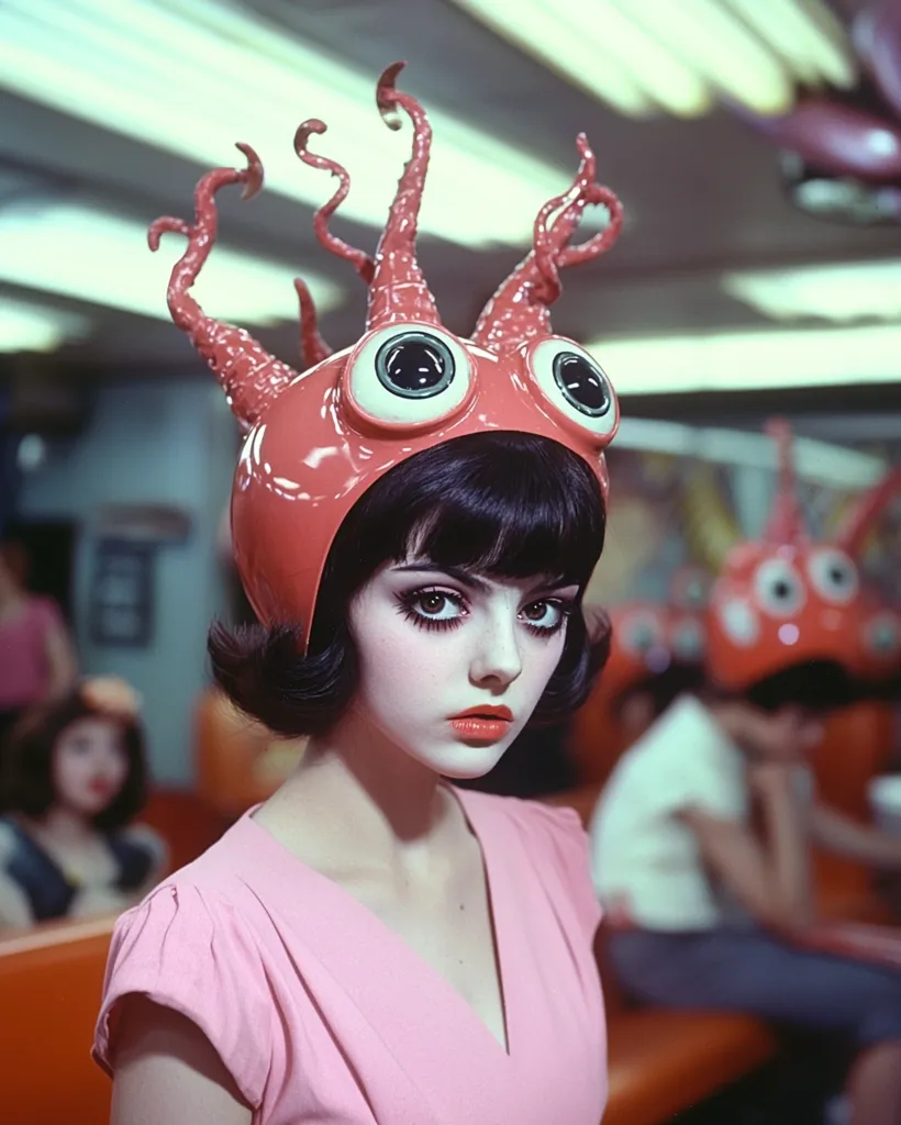 A young woman with dark hair and striking eye makeup stares intensely at the camera. She is wearing a pink dress and a unique, red, helmet-like headpiece with large, round, white eyes and tentacle-like protrusions. The background is blurry, suggesting a busy public setting. The image has a retro, 1960s aesthetic.  The woman's expression is a mix of curiosity and confidence, highlighting her individuality and the unusual nature of her attire.