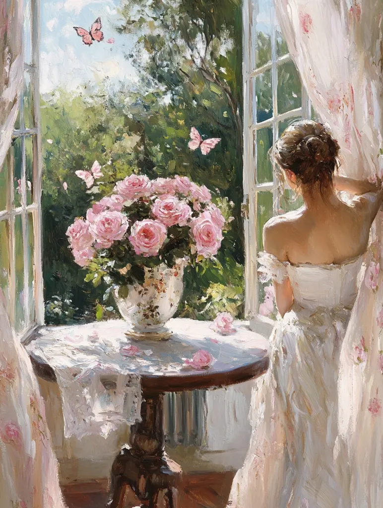 A woman in a white dress stands by a window, looking out at a lush green garden filled with pink roses and butterflies. Sunlight streams through the window, illuminating the scene and casting soft shadows on the lace tablecloth and ornate table. The air is filled with the scent of roses and the gentle flutter of butterfly wings. The painting evokes a sense of tranquility and beauty.