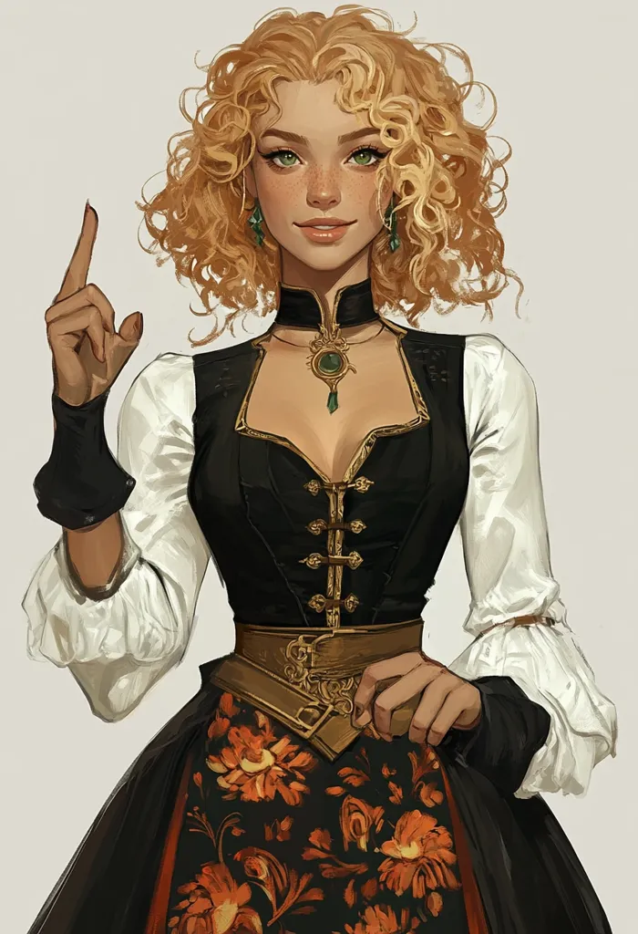 The image depicts a woman with long, curly blonde hair. She is wearing a black and gold corset with a white blouse and a black skirt with an orange floral pattern. She has green eyes, freckles, and a warm smile. She is wearing gold jewelry and is pointing her index finger upward. The background is a simple gray. The woman appears confident and elegant, perhaps even a bit mischievous.