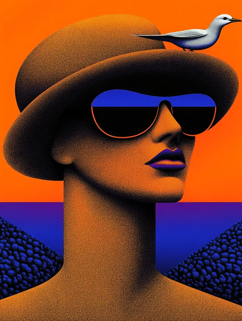 The image is a stylized portrait of a woman wearing a wide-brimmed hat and sunglasses. She has a calm expression with her lips closed, and she appears to be looking off into the distance. A small bird is perched atop the hat. The background is a vibrant orange with a band of purple at the bottom, suggesting a sunset or dawn. The image has a graphic, almost geometric quality, and the woman's features are simplified and smooth. The overall effect is one of serenity and tranquility.