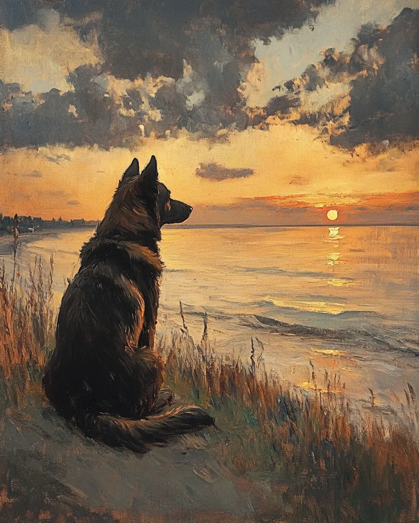 A black dog sits on a grassy hill overlooking a calm ocean. The sky is a beautiful blend of orange and pink, with wispy clouds and a setting sun. The dog gazes out at the water, seemingly lost in thought. The painting captures a serene moment of peace and tranquility.