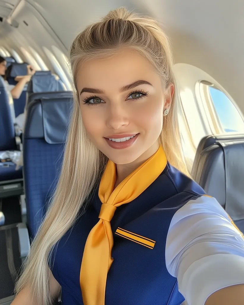A young woman with long blonde hair is smiling at the camera. She is wearing a blue and yellow flight attendant uniform, and she appears to be in the cabin of an airplane. She has on light makeup and is wearing small, round earrings. She looks friendly and professional. The image is focused on her face and upper body, with the airplane interior partially visible in the background.