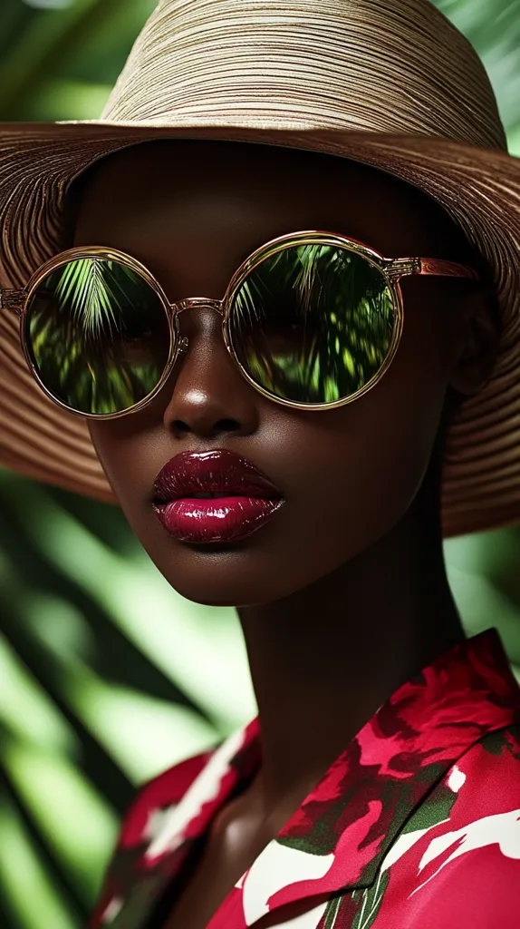 The image shows a close-up of a woman with dark skin wearing a wide-brimmed straw hat and large, round sunglasses. The sunglasses reflect the green leaves of a tropical plant. She is wearing red lipstick and a bright red and white floral blouse. The woman looks directly at the viewer with a serious expression. The image is shot with a shallow depth of field, making the woman the main focus. The colors are bright and vibrant.  The image evokes a sense of summer, vacation, and the tropics.