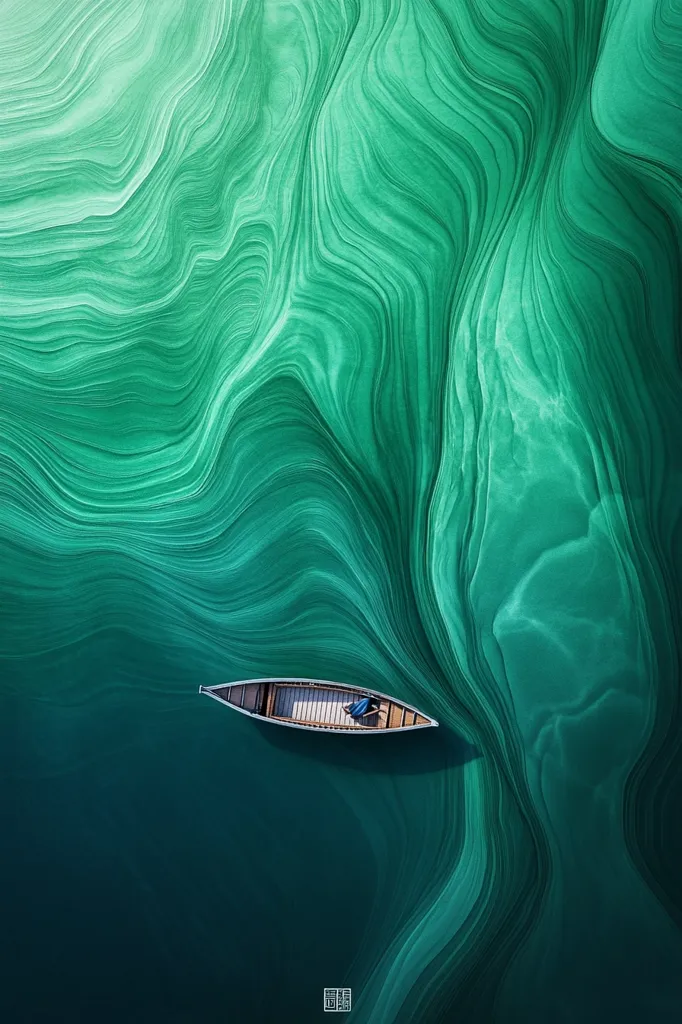 An aerial view of a small boat on a body of water. The water is a vibrant green with swirling patterns, creating an abstract, almost marbled effect. The boat is a simple wooden canoe, with a single person sitting in the middle. The image is a study in color and texture, capturing the beauty of nature from an unexpected perspective.  The image evokes a sense of tranquility and isolation, as the boat glides effortlessly through the swirling water.