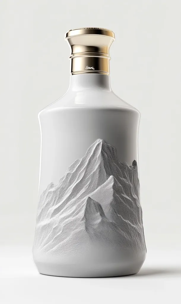 The image shows a white ceramic bottle with a gold lid. The bottle is shaped like a mountain range, with intricate details carved into the surface. The bottle appears to be a decorative object or a container for a special drink.  The background is a plain white, highlighting the bottle's unique design.  The image evokes a sense of natural beauty and craftsmanship.