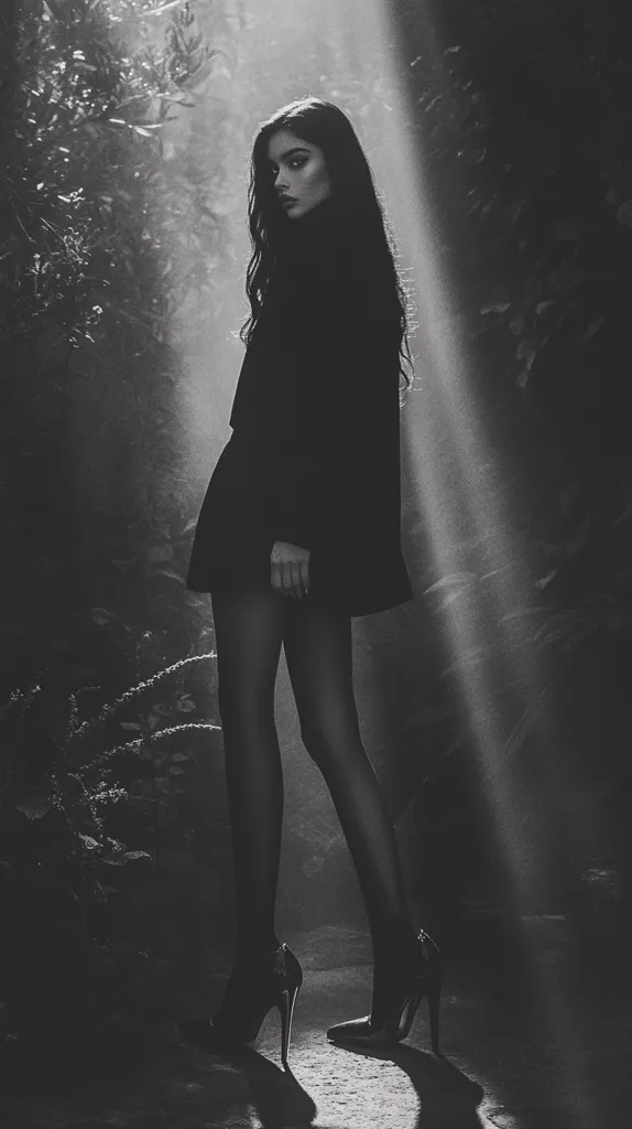 A woman in a black dress and heels stands in a shadowy forest. A beam of light illuminates her from above, highlighting her long dark hair and piercing gaze. The image is in black and white, creating a moody and mysterious atmosphere. The contrast between the light and dark adds to the sense of drama and intrigue.