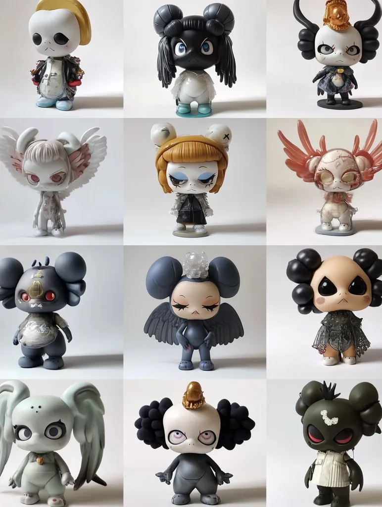 The image shows a collection of 12 miniature figurines. They are all humanoid with varying styles of clothing, hair, and accessories. Some have wings, others have horns, and some have big, expressive eyes. They are arranged in a grid, with each figurine standing on a white background. They appear to be handmade or from a limited edition series.