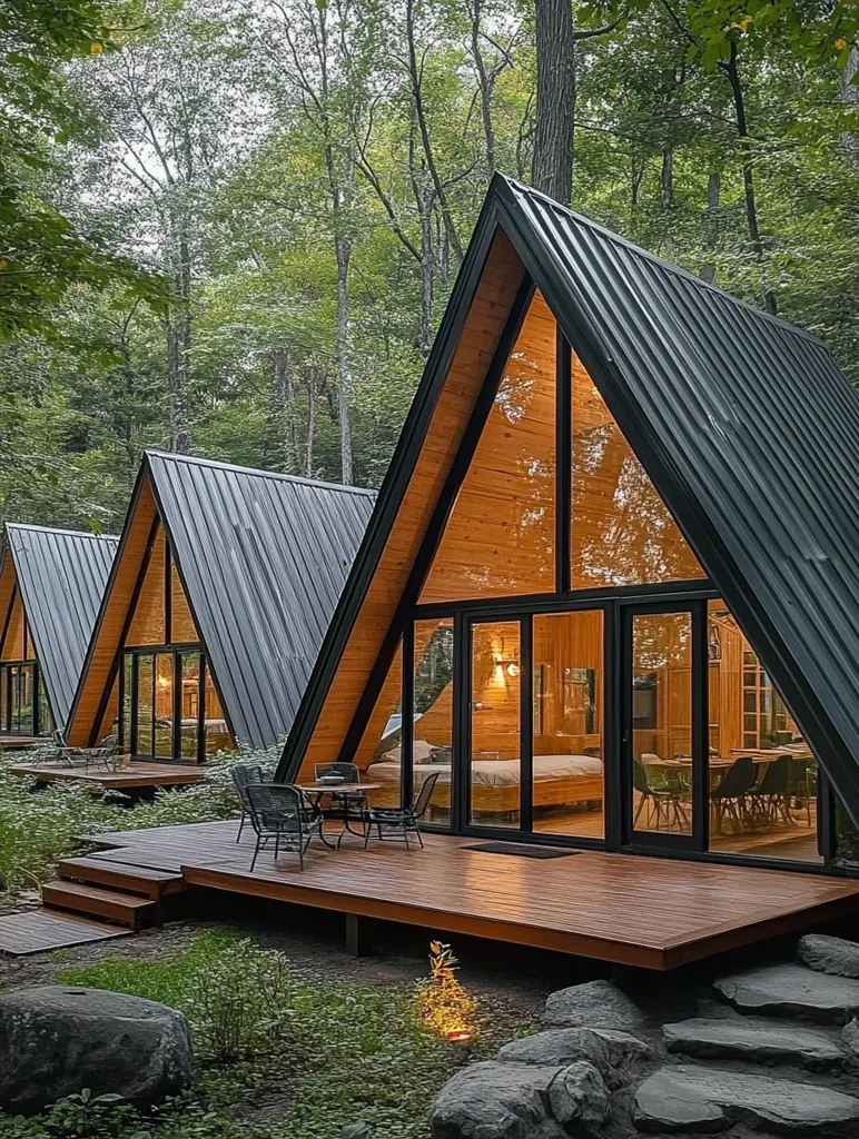 A modern A-frame cabin with black metal roofing sits nestled in a lush forest. The cabin features large windows that provide natural light and offer scenic views of the surrounding woods. A wooden deck extends from the front of the cabin, providing an outdoor space for relaxation and entertaining. The cabin's minimalist design and natural surroundings create a peaceful and secluded retreat.