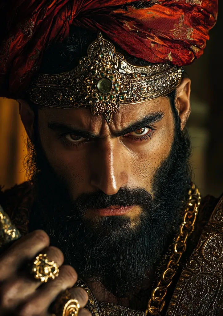 A man with a thick black beard and piercing eyes stares intensely at the viewer. He is adorned in luxurious attire, including a red turban, ornate golden jewelry, and a thick gold chain around his neck. The image evokes a sense of power and authority, with the man's gaze conveying both strength and determination.  The dark background and dramatic lighting further enhance the dramatic effect.