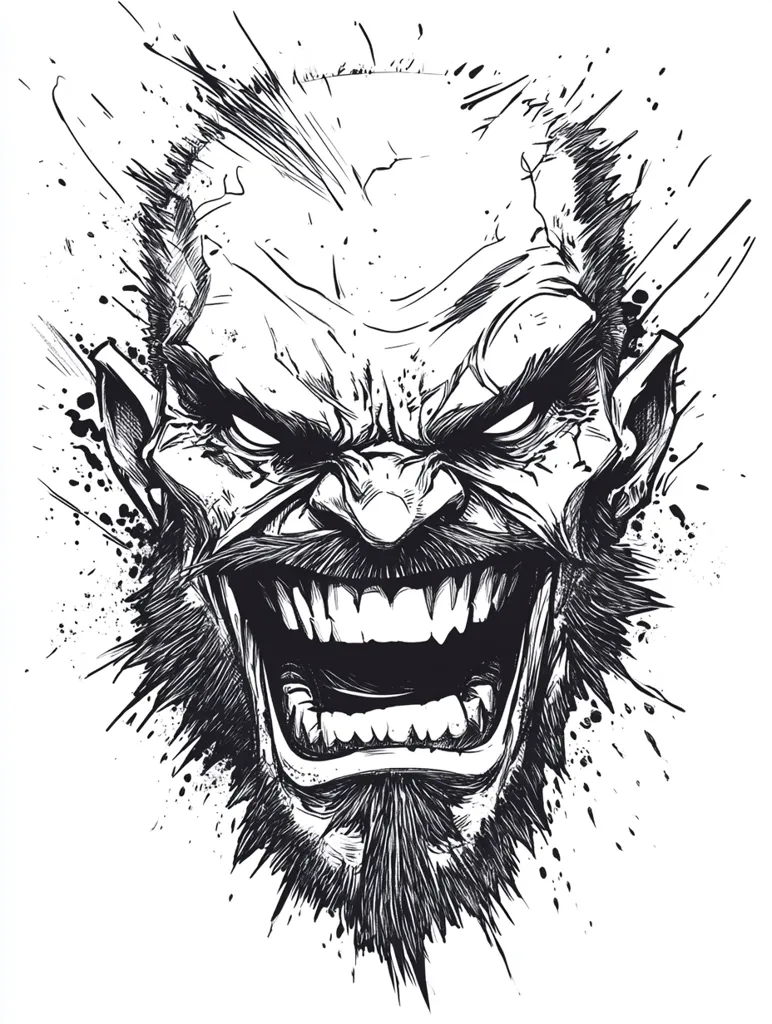 The image depicts a grotesque, black and white drawing of a man's face. He has a wild, spiky beard and hair, and his expression is one of intense anger and madness. His eyes are narrowed, his brow furrowed, and his mouth is open in a wide, toothy grin. The drawing is done in a stylized, almost cartoonish way, with exaggerated features and bold lines. The image is framed by a splatter of black ink, adding to its sense of chaos and intensity.