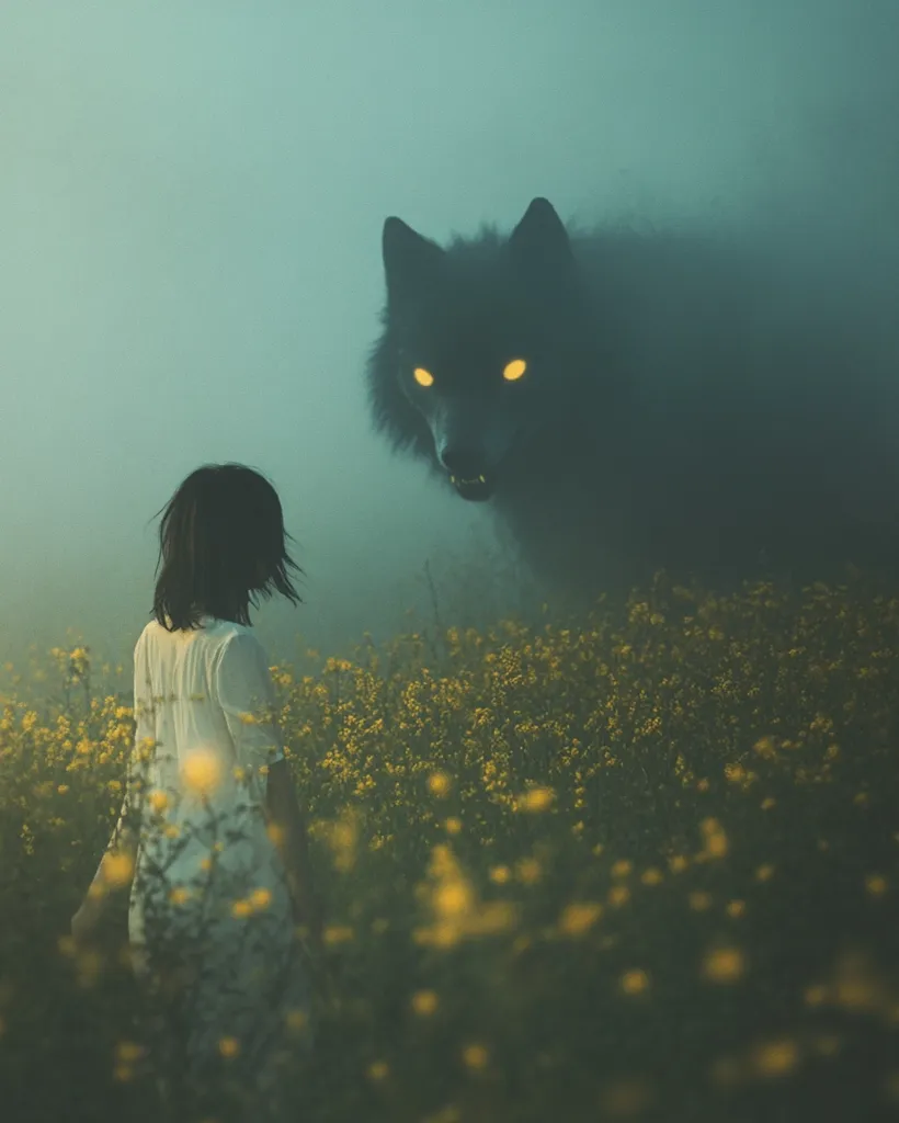 A young woman in a white dress stands in a field of yellow wildflowers, facing a large, shadowy wolf with glowing eyes. The scene is shrouded in mist, creating a sense of mystery and foreboding. The wolf's silhouette dominates the foreground, while the woman appears small and vulnerable in the distance. The image suggests a confrontation between innocence and danger, with the woman's fate hanging in the balance.